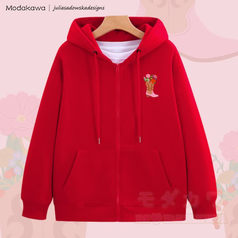 MODAKAWA X juliasadowskadesigns Floral Shose Graphic Zip Up Hoodie Sweatshirt - Rot - 5XL - image 4