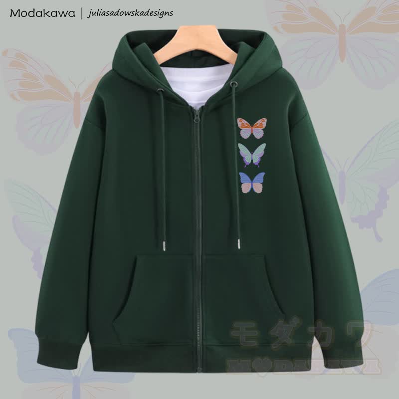 MODAKAWA X juliasadowskadesigns Kapuzenpullover mit Schmetterlingsgrafik und Reißverschluss - Grün - 5XL - image 4