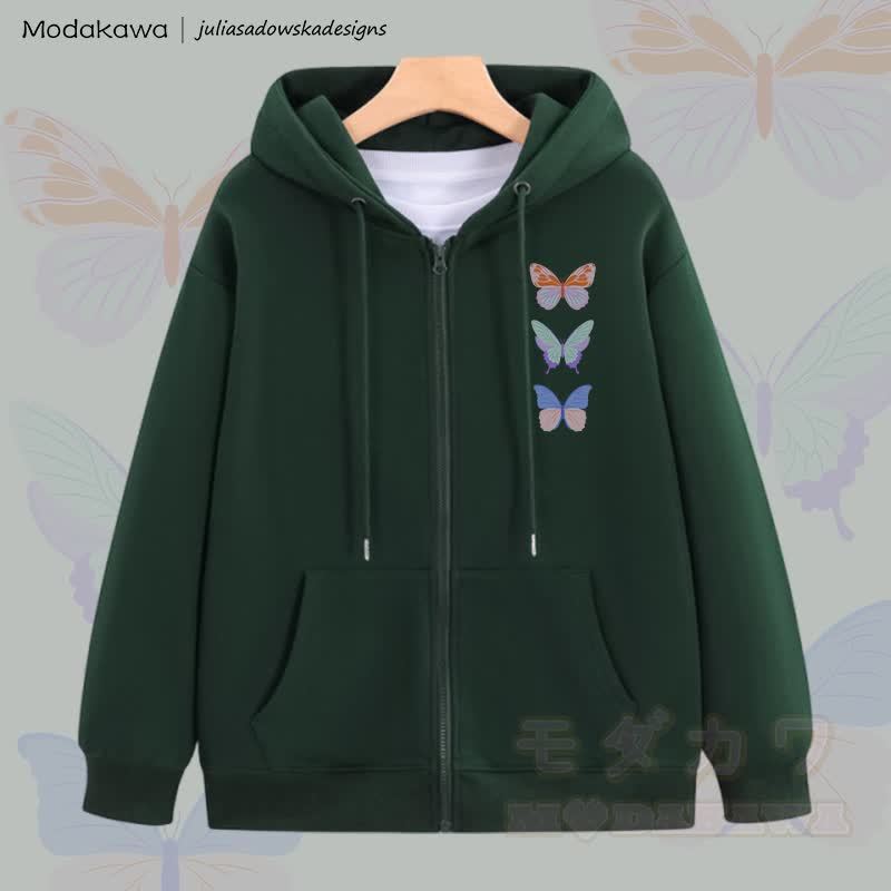 MODAKAWA X juliasadowskadesigns Kapuzenpullover mit Schmetterlingsgrafik und Reißverschluss - Grün - 5XL - image 4