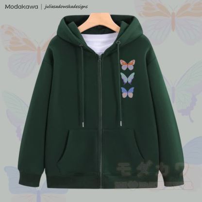 MODAKAWA X juliasadowskadesigns Kapuzenpullover mit Schmetterlingsgrafik und Reißverschluss - Grün - 5XL - image 4