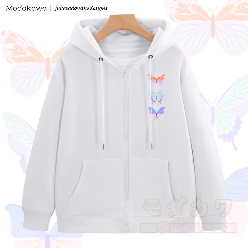 MODAKAWA X juliasadowskadesigns Kapuzenpullover mit Schmetterlingsgrafik und Reißverschluss - Weiß - 5XL - image 2