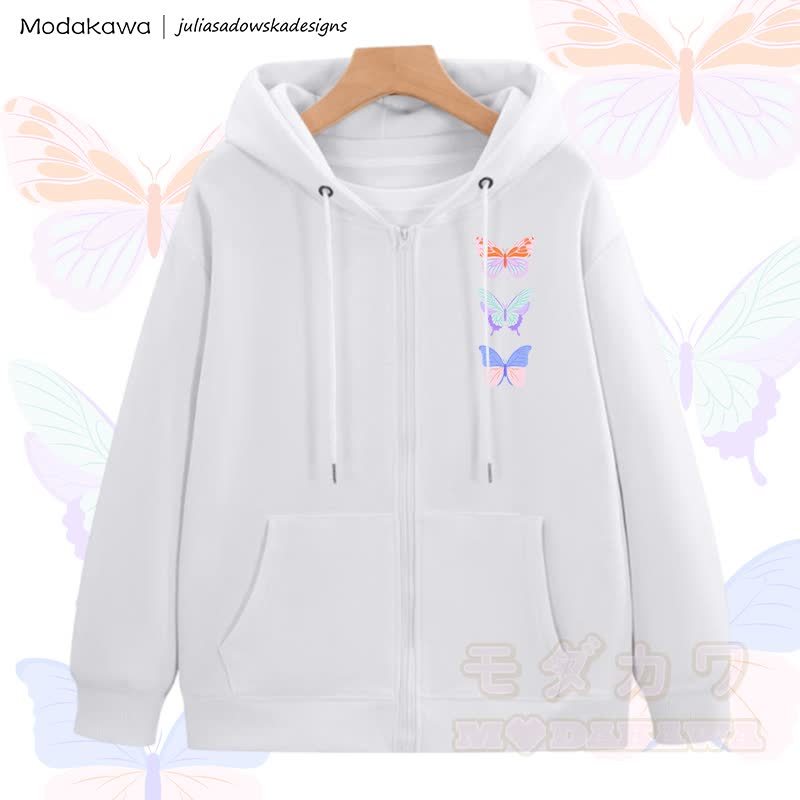 MODAKAWA X juliasadowskadesigns Kapuzenpullover mit Schmetterlingsgrafik und Reißverschluss - Weiß - 5XL - image 2