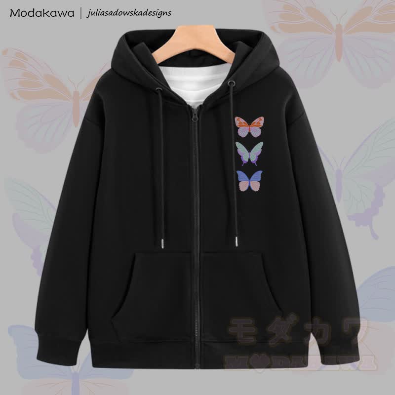 MODAKAWA X juliasadowskadesigns Kapuzenpullover mit Schmetterlingsgrafik und Reißverschluss - Schwarz - 5XL - image 3