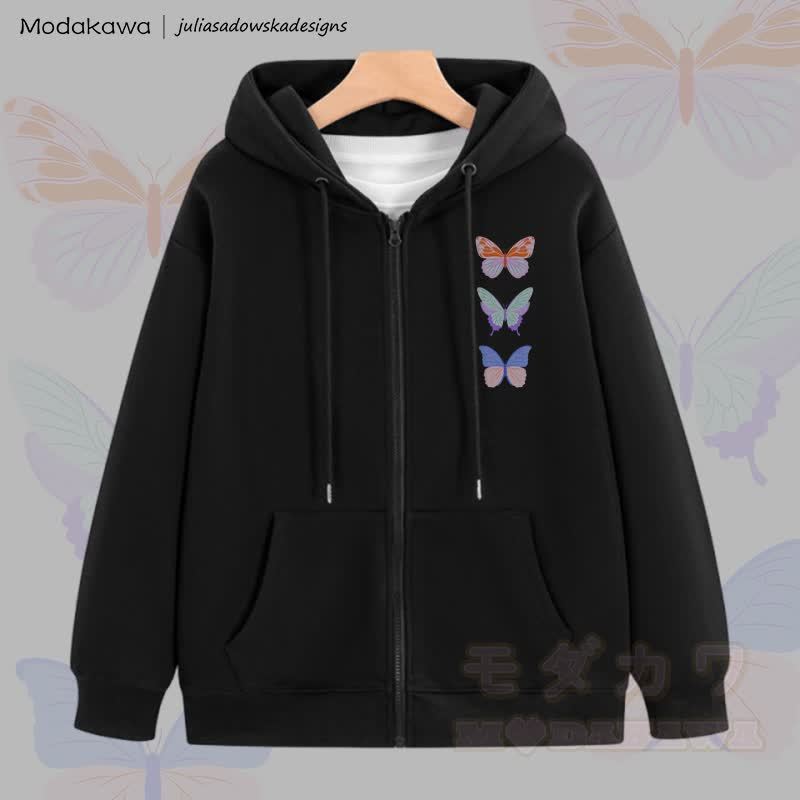 MODAKAWA X juliasadowskadesigns Kapuzenpullover mit Schmetterlingsgrafik und Reißverschluss - Schwarz - 5XL - image 3