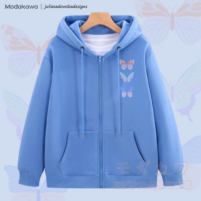 MODAKAWA X juliasadowskadesigns Kapuzenpullover mit Schmetterlingsgrafik und Reißverschluss - Blau - 5XL - image 1