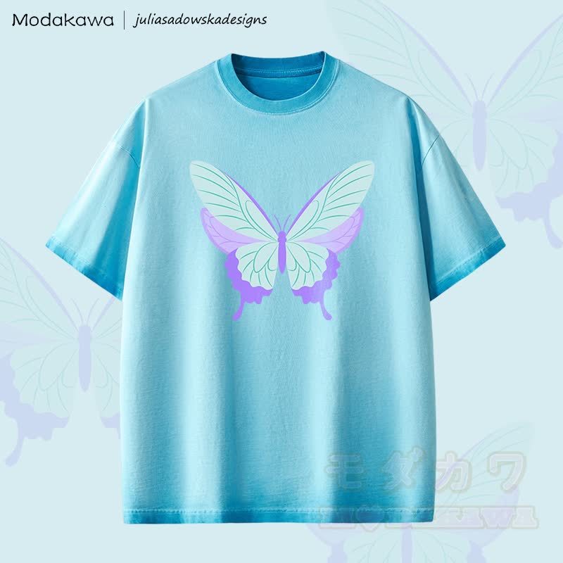 MODAKAWA X juliasadowskadesigns Schmetterlingsgrafik Unisex Dopamin Vintage Washed T-Shirt - Blau - 2XL - image 1