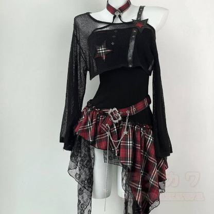 Gothic-Kleid mit transparentem Netzoberteil und Karomuster, zweiteilig - Rot - XL - image 2