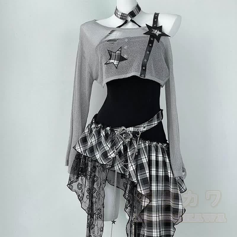 Gothic-Kleid mit transparentem Netzoberteil und Karomuster, zweiteilig - Grau - XL - image 1