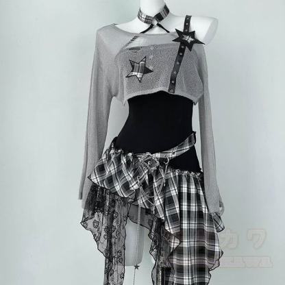 Gothic-Kleid mit transparentem Netzoberteil und Karomuster, zweiteilig - Grau - XL - image 1