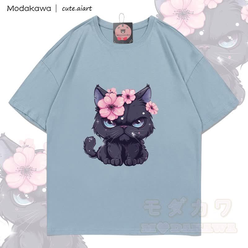 MODAKAWA X cute.aiart Schwarze Katze Grafik 100% Baumwolle T-Shirt - Hellgraublau - 5XL - image 2