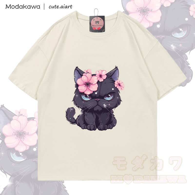 MODAKAWA X cute.aiart Schwarze Katze Grafik 100% Baumwolle T-Shirt - Hellbeige - 5XL - image 1