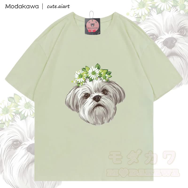 MODAKAWA X cute.aiart Welpen-Grafik T-Shirt aus 100 % Baumwolle - Milchiggrün - 5XL - image 1