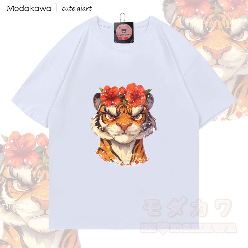 MODAKAWA X cute.aiart Tiger Grafik T-Shirt aus 100 % Baumwolle - Weiß - 5XL - image 2