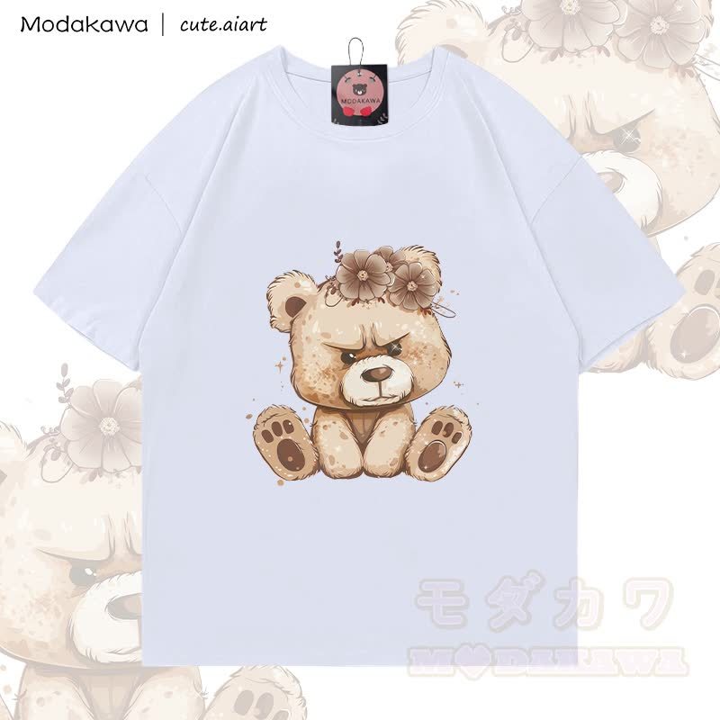 MODAKAWA X cute.aiart Floral Bear Graphic 100% Cotton T-Shirt - Weiß - 5XL - image 2