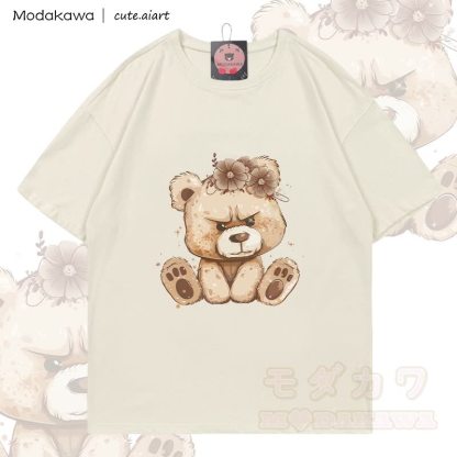 MODAKAWA X cute.aiart Floral Bear Graphic 100% Cotton T-Shirt - Hellbeige - 5XL - image 1