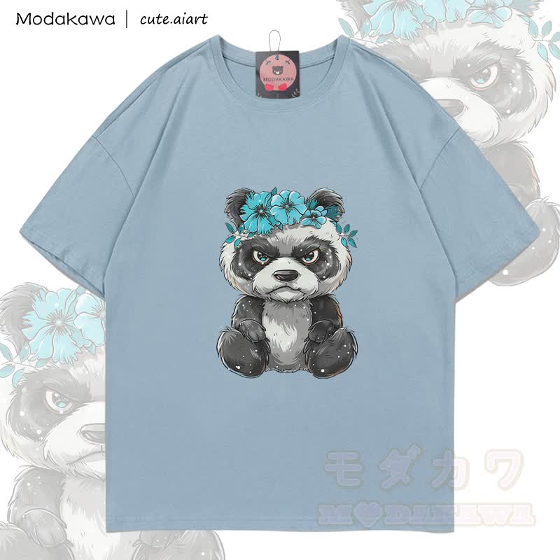 MODAKAWA X cute.aiart Floral Panda Graphic 100% Cotton T-Shirt - Hellgraublau - 5XL - image 2