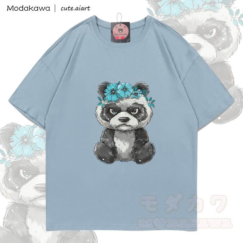 MODAKAWA X cute.aiart Floral Panda Graphic 100% Cotton T-Shirt - Hellgraublau - 5XL - image 2