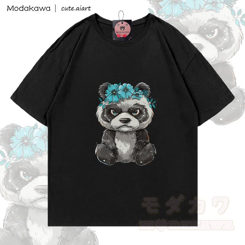MODAKAWA X cute.aiart Floral Panda Graphic 100% Cotton T-Shirt - Schwarz - 5XL - image 1