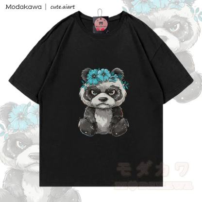MODAKAWA X cute.aiart Floral Panda Graphic 100% Cotton T-Shirt - Schwarz - 5XL - image 1
