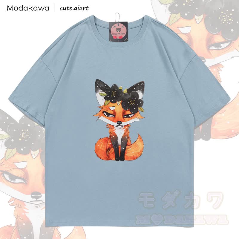 MODAKAWA X cute.aiart Fuchs-Grafik T-Shirt aus 100 % Baumwolle - Hellgraublau - 5XL - image 1