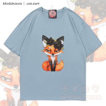 MODAKAWA X cute.aiart Fuchs-Grafik T-Shirt aus 100 % Baumwolle - Hellgraublau - 5XL - image 1