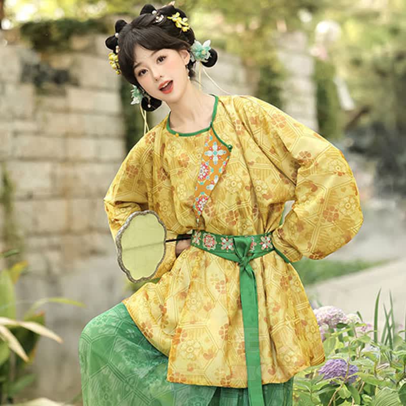 Vintage-Schnallen-Top, Haremshose, bestickter Taillengürtel, passendes Outfit - Gelbes Oberteil - XL - image 2