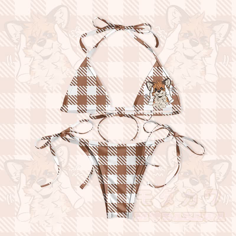 MODAKAWA X atka Fox Graphic Damen-Badeanzug-Bikini-Set mit Bindebändern, zweiteilig - Braun & Weiß - 5XL - image 1