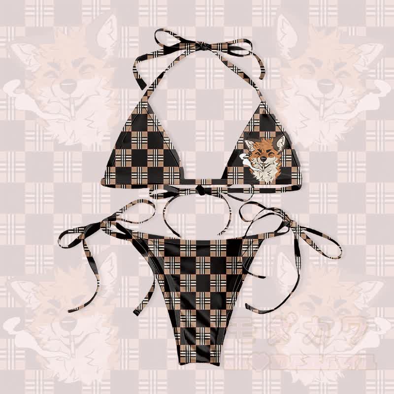 MODAKAWA X atka Smoking Fox Graphic Damen-Badeanzug-Bikini-Set mit Bindebändern, zweiteilig - Schwarz & Braun - 5XL - image 1