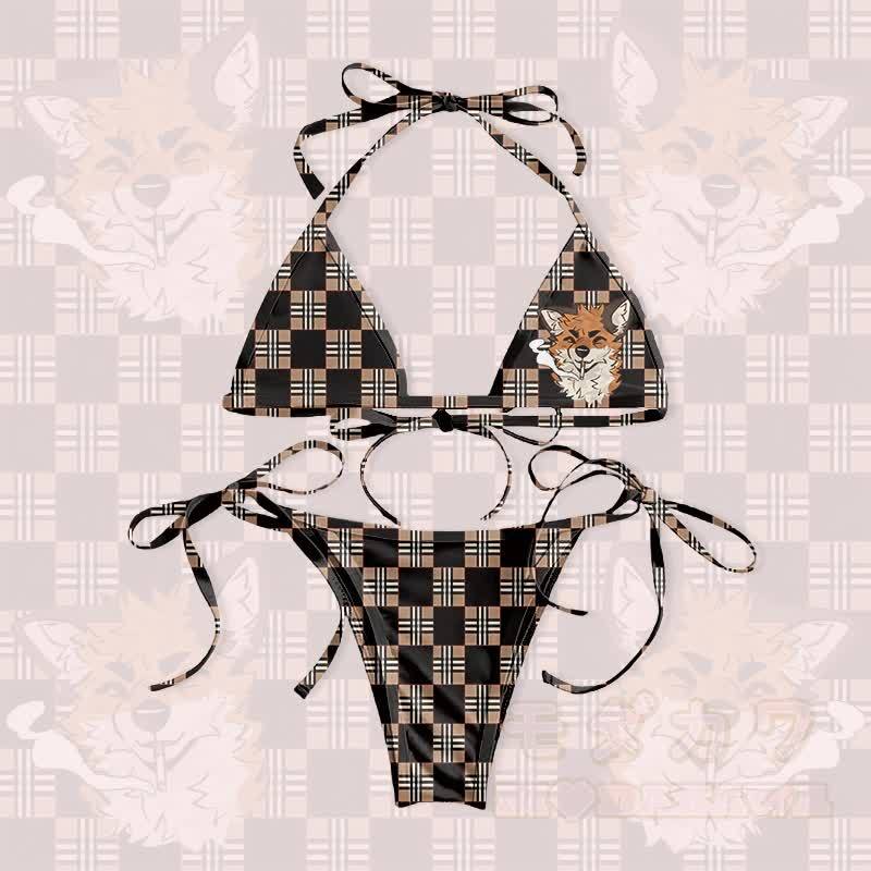 MODAKAWA X atka Smoking Fox Graphic Damen-Badeanzug-Bikini-Set mit Bindebändern, zweiteilig - Schwarz & Braun - 5XL - image 1
