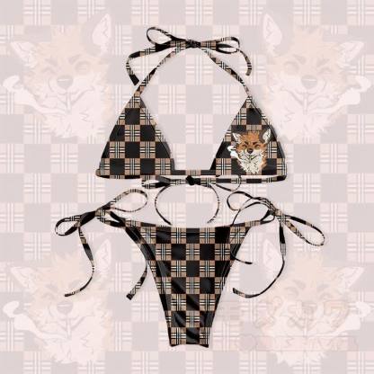 MODAKAWA X atka Smoking Fox Graphic Damen-Badeanzug-Bikini-Set mit Bindebändern, zweiteilig - Schwarz & Braun - 5XL - image 1