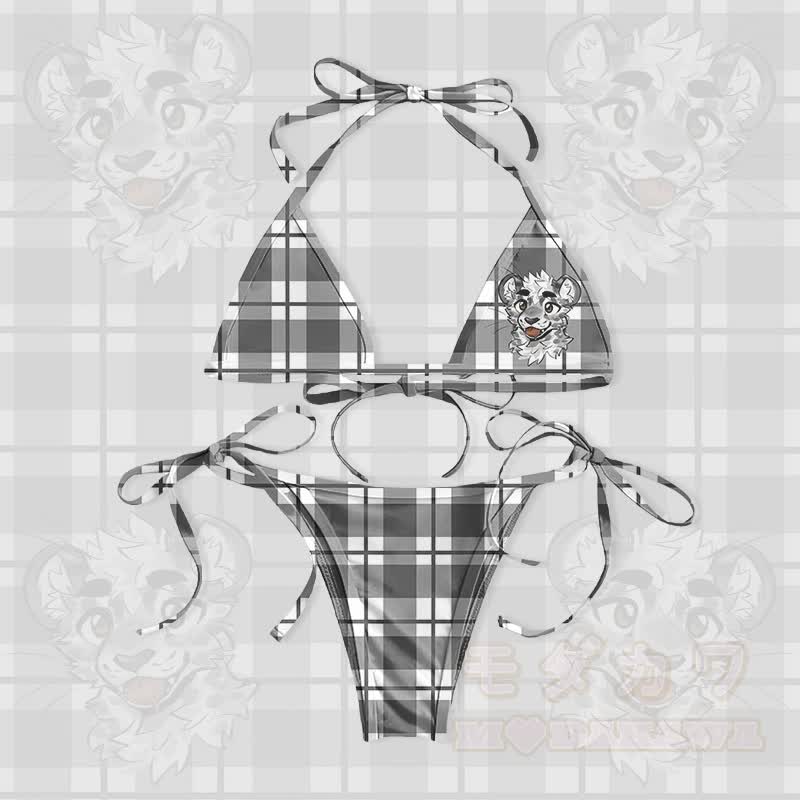 MODAKAWA X atka Tiger Graphic Damen-Badeanzug-Bikini-Set mit Bindebändern, zweiteilig - Grau & Weiß - 5XL - image 1