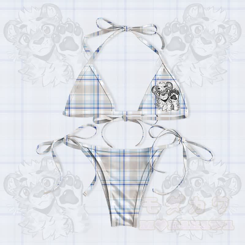 MODAKAWA X atka Tiger Paw Graphic Damen-Badeanzug-Bikini-Set mit Bindebändern, zweiteilig - Blau - 5XL - image 1