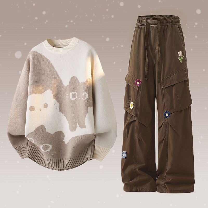 Zweiteiler mit Katzenmotiv, Strickpullover und Blumen-Cargohose - Set B - 2XL - image 2