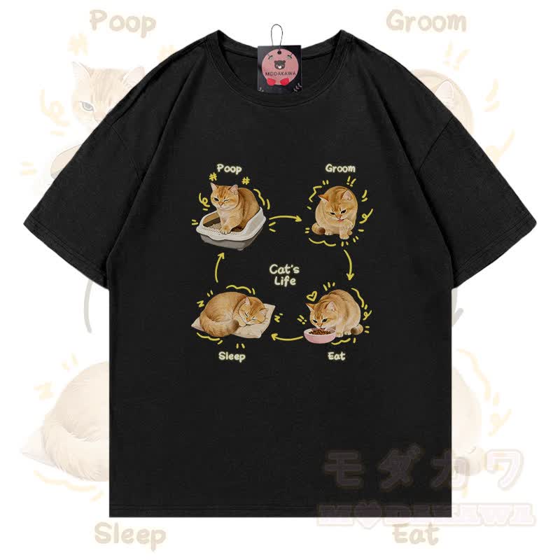 Modakawa T-Shirt mit Katzenleben-Motiv, 100 % Baumwolle - Schwarz - 5XL - image 1