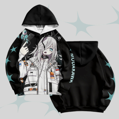 MODAKAWA X bonne_syu Anime Cool Girl Graphic Pullover Hoodie - Black - 6XL - image 1