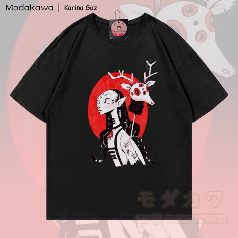 MODAKAWA X Karina Gaz Goth Deer Mask Grafik 100% Baumwoll-T-Shirt - Schwarz - 5XL - image 2
