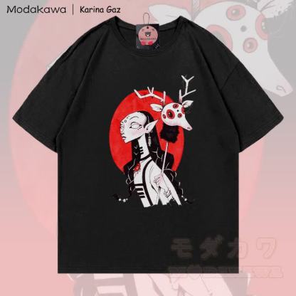 MODAKAWA X Karina Gaz Goth Deer Mask Grafik 100% Baumwoll-T-Shirt - Schwarz - 5XL - image 2