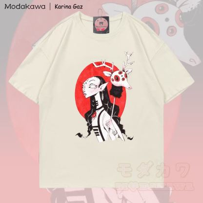 MODAKAWA X Karina Gaz Goth Deer Mask Grafik 100% Baumwoll-T-Shirt - Hellbeige - 5XL - image 1