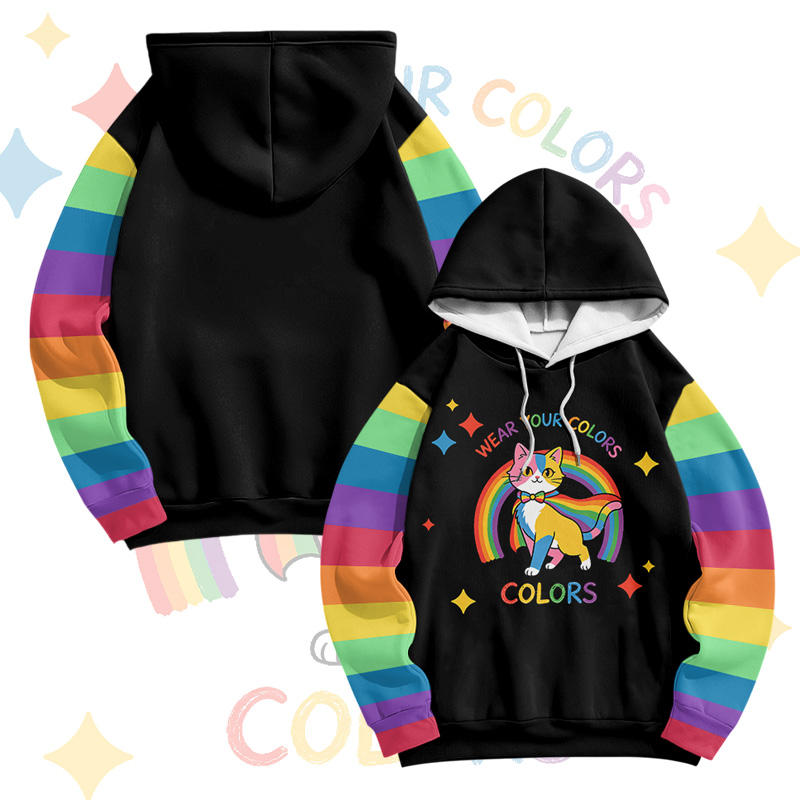 Zeig deine Farben! Modakawa Pullover-Hoodie mit Regenbogen-Cape-Katzenmotiv - Black - 6XL - image 2
