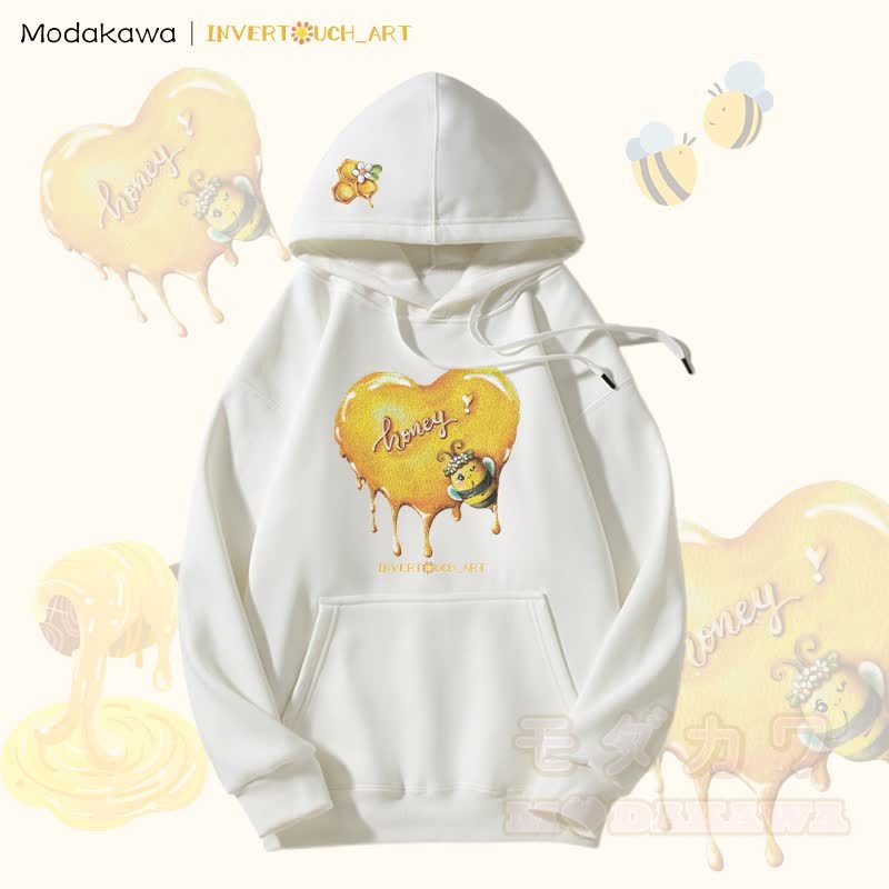 MODAKAWA X INVERTOUCH_ART Hoodie mit Honigbienen-Motiv und Fleece-Futter - Weiß - 5XL - image 2