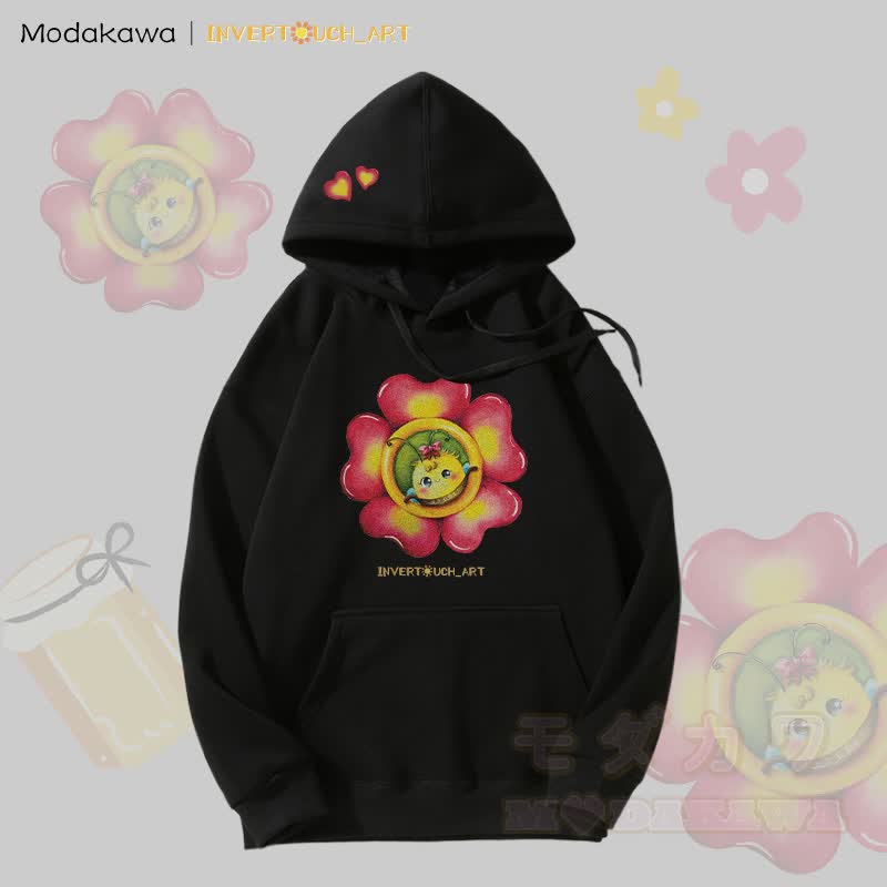 MODAKAWA X INVERTOUCH_ART Fleecegefütterter Hoodie mit Blumen-Bienen-Grafik - Schwarz - 5XL - image 2
