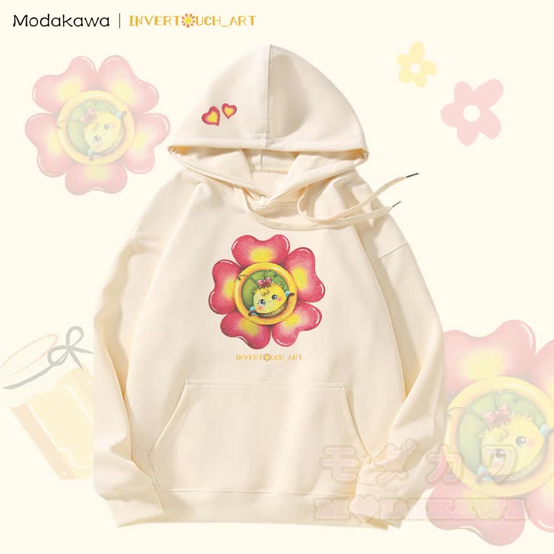 MODAKAWA X INVERTOUCH_ART Fleecegefütterter Hoodie mit Blumen-Bienen-Grafik - Aprikose - 5XL - image 1