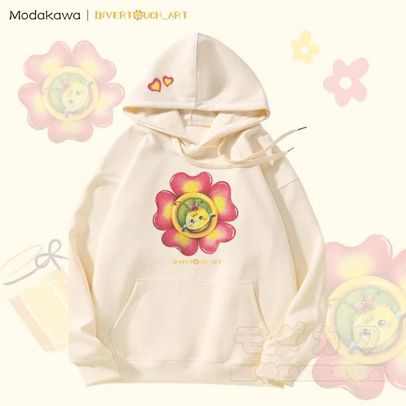 MODAKAWA X INVERTOUCH_ART Fleecegefütterter Hoodie mit Blumen-Bienen-Grafik - Aprikose - 5XL - image 1