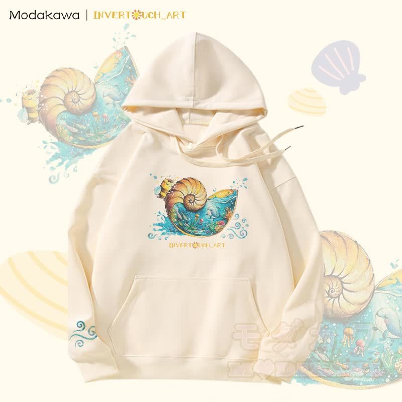 MODAKAWA X INVERTOUCH_ART Fleecegefütterter Hoodie mit Muschel- und Bienenmotiv - Aprikose - 5XL - image 2