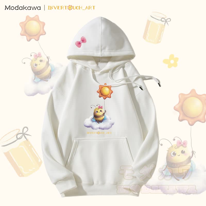 MODAKAWA X INVERTOUCH_ART Kapuzenpullover mit Sonnenbienen-Motiv und Fleece-Futter - Weiß - 5XL - image 3