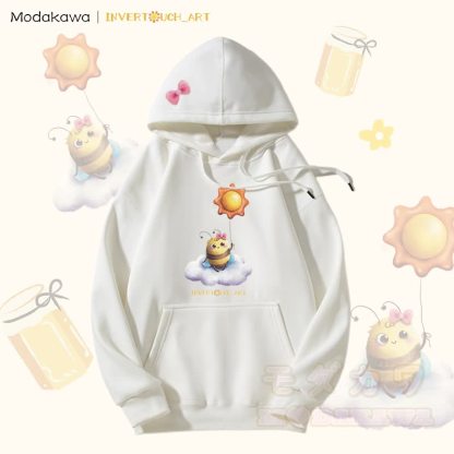MODAKAWA X INVERTOUCH_ART Kapuzenpullover mit Sonnenbienen-Motiv und Fleece-Futter - Weiß - 5XL - image 3