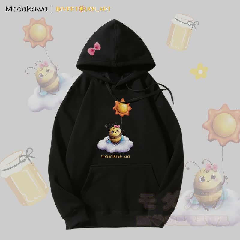 MODAKAWA X INVERTOUCH_ART Kapuzenpullover mit Sonnenbienen-Motiv und Fleece-Futter - Schwarz - 5XL - image 2