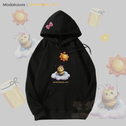 MODAKAWA X INVERTOUCH_ART Kapuzenpullover mit Sonnenbienen-Motiv und Fleece-Futter - Schwarz - 5XL - image 2
