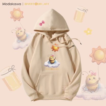 MODAKAWA X INVERTOUCH_ART Kapuzenpullover mit Sonnenbienen-Motiv und Fleece-Futter - Khaki - 5XL - image 1
