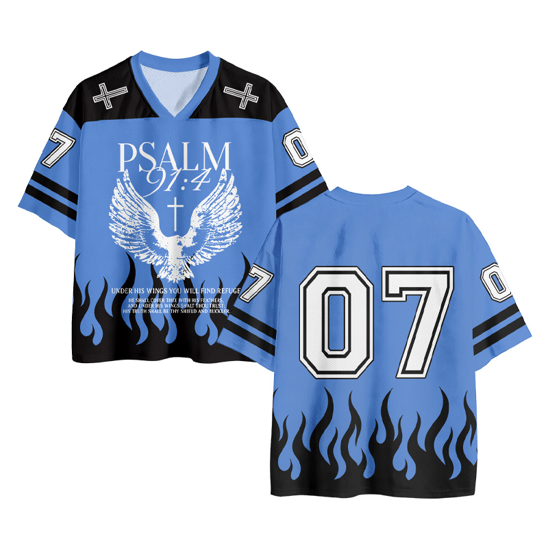 PSALM Flügelkreuz Nummer Grafik Vintage Mesh Jersey T-Shirt - Blue - 4XL - image 1